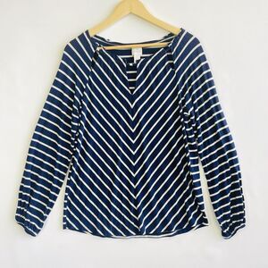 Chico's Blue White Stripe Gathered Neck Long Sleeve Top‎ Shirt Womens 0 Small 6